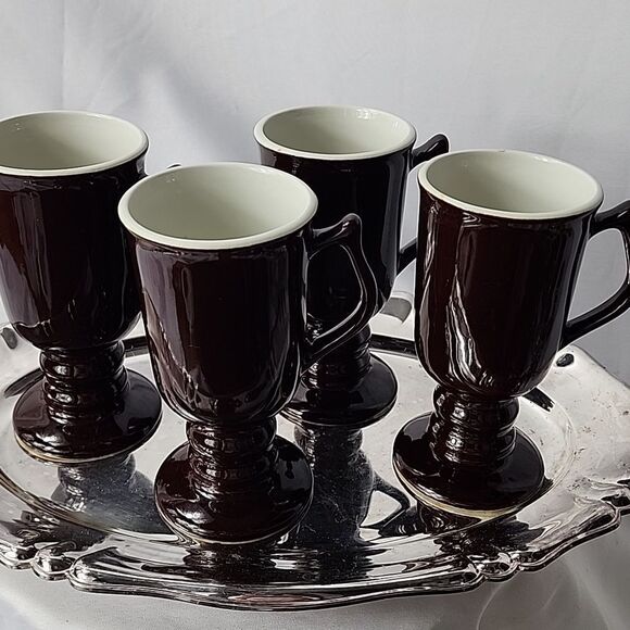 Vintage Chocolate Brown Hall Pottery Pedestal Mugs Set of 4 - Picture 1 of 14